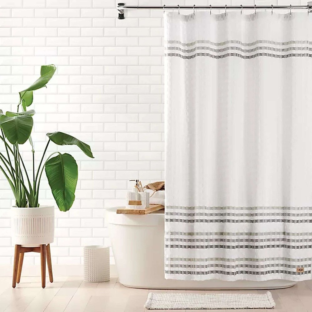 White Shower Curtain with Gray Stripes